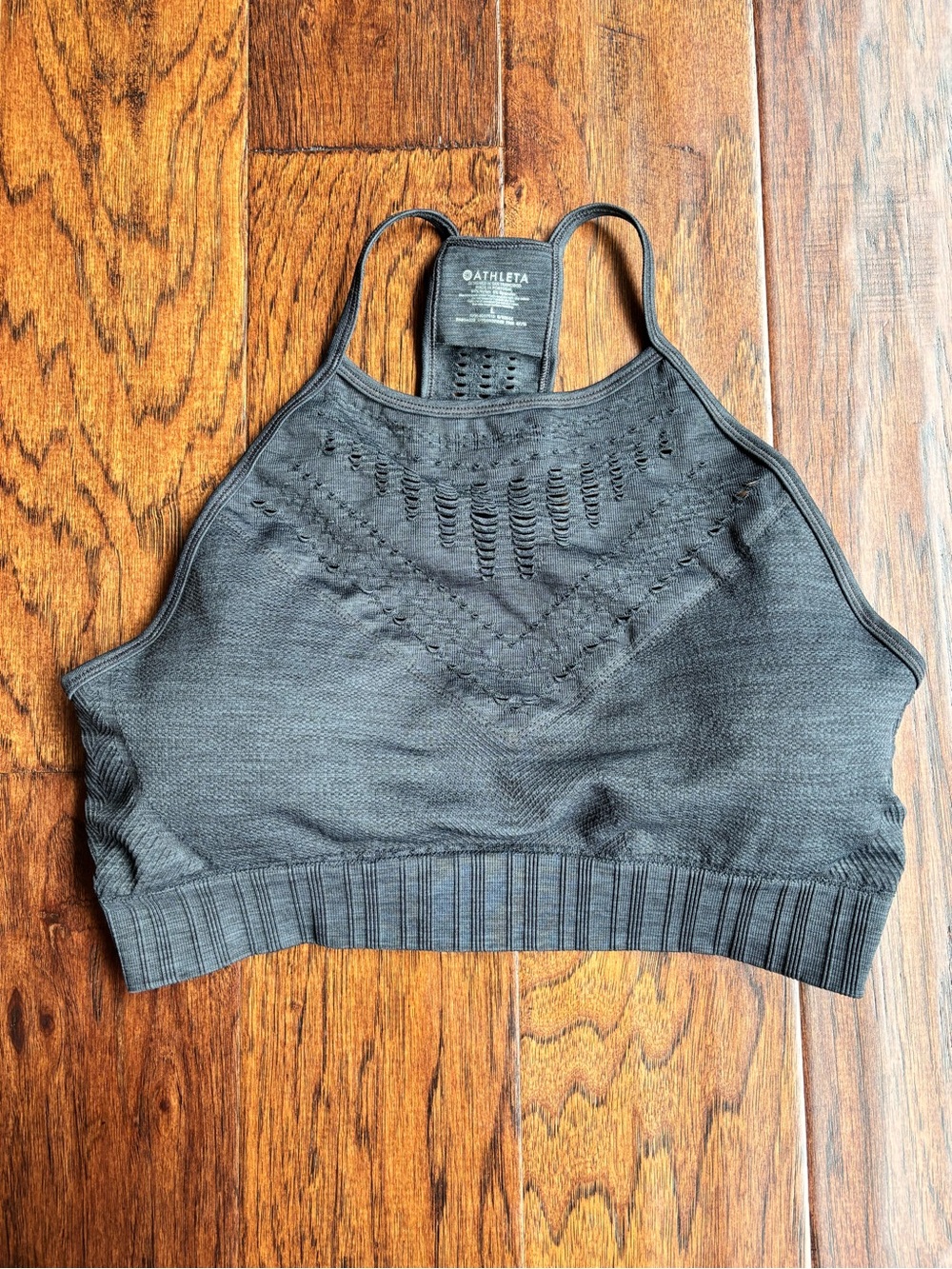 Athleta Black High-Neck Seamless Sports Bra with Laser-Cut Detail